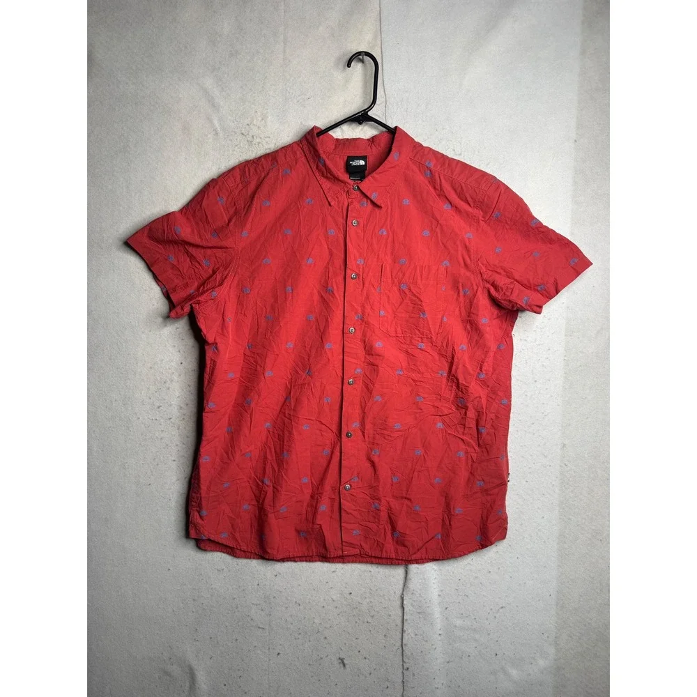 The North Face Mens XXL Red Blue Dome Logo Print Short Sleeve Button Down Shirt
